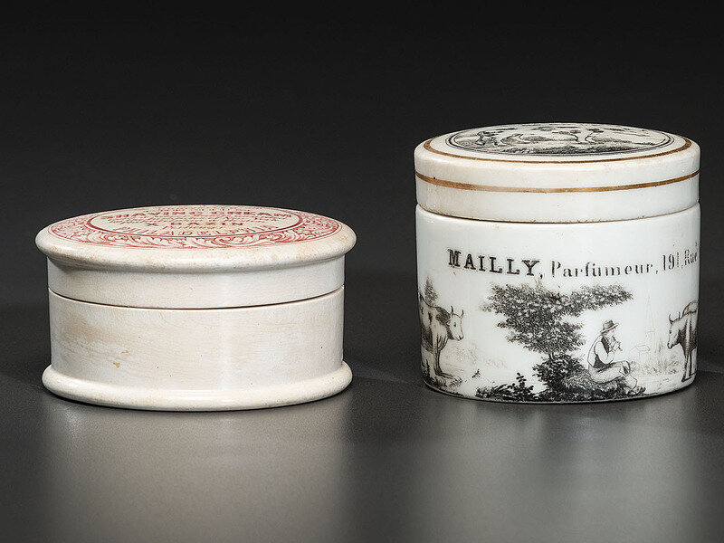Two Transfer Printed Porcelain Advertising Pot Lids and Bases