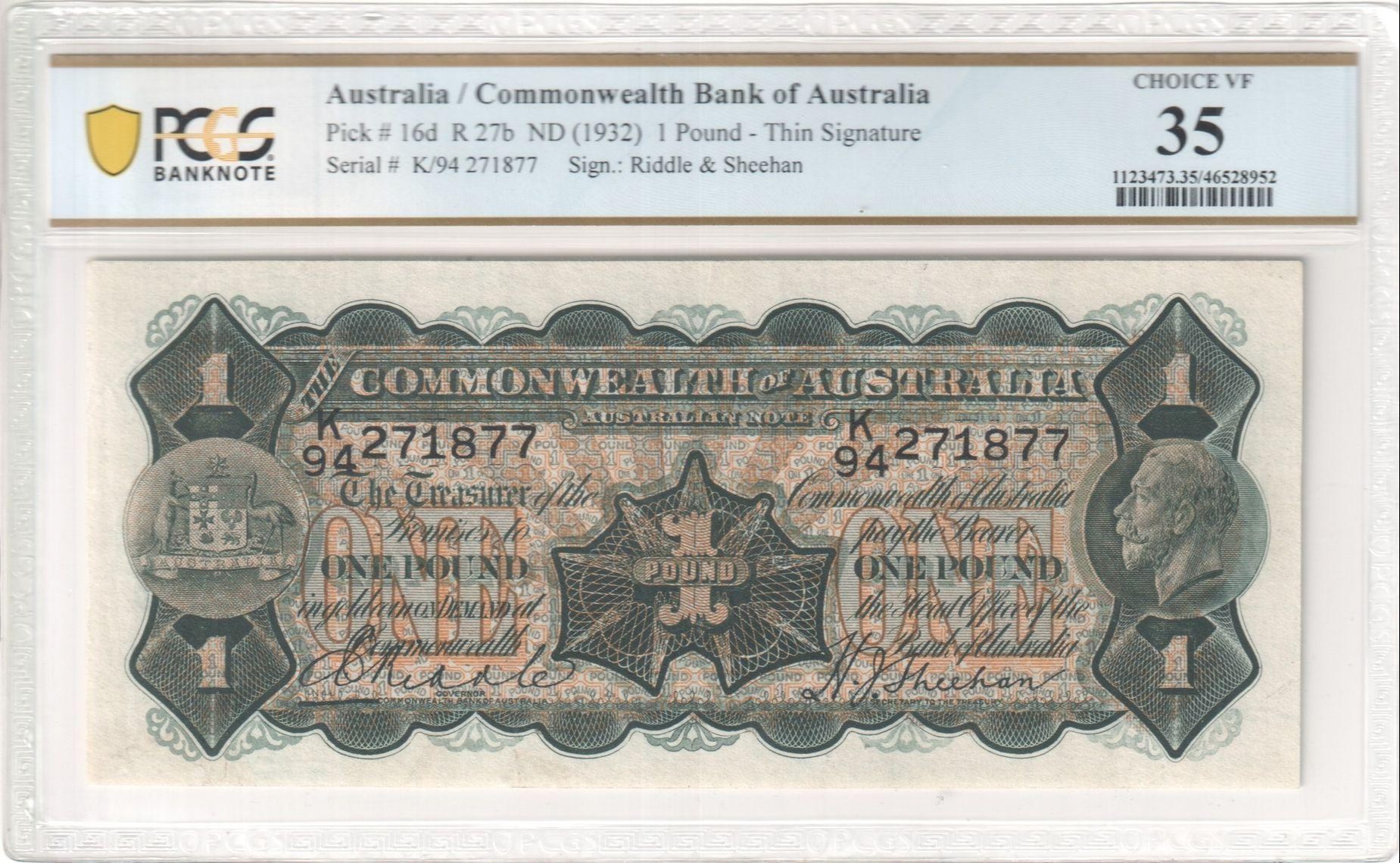 84 · Commonwealth Bank of Australia, Thin Signature, Sign.: Riddle & Sheehan, 1 Pound, ND (1932), PCGS - Choice VF 35