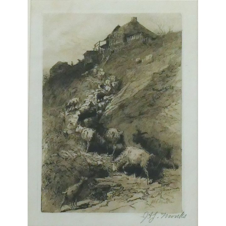 John Austin Monks ''Goats'' Signed Etching Matted 20''x16''