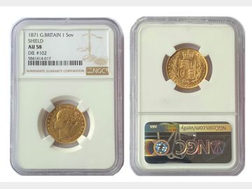 1871 Queen Victoria Young Head London Mint #Die 102 Shield Gold Sovereign. NGC AU58