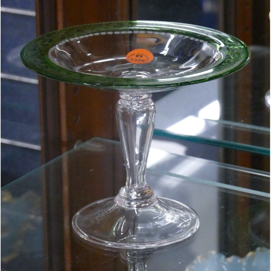 Steuben Green Acid Etched Glass Tazza 5''