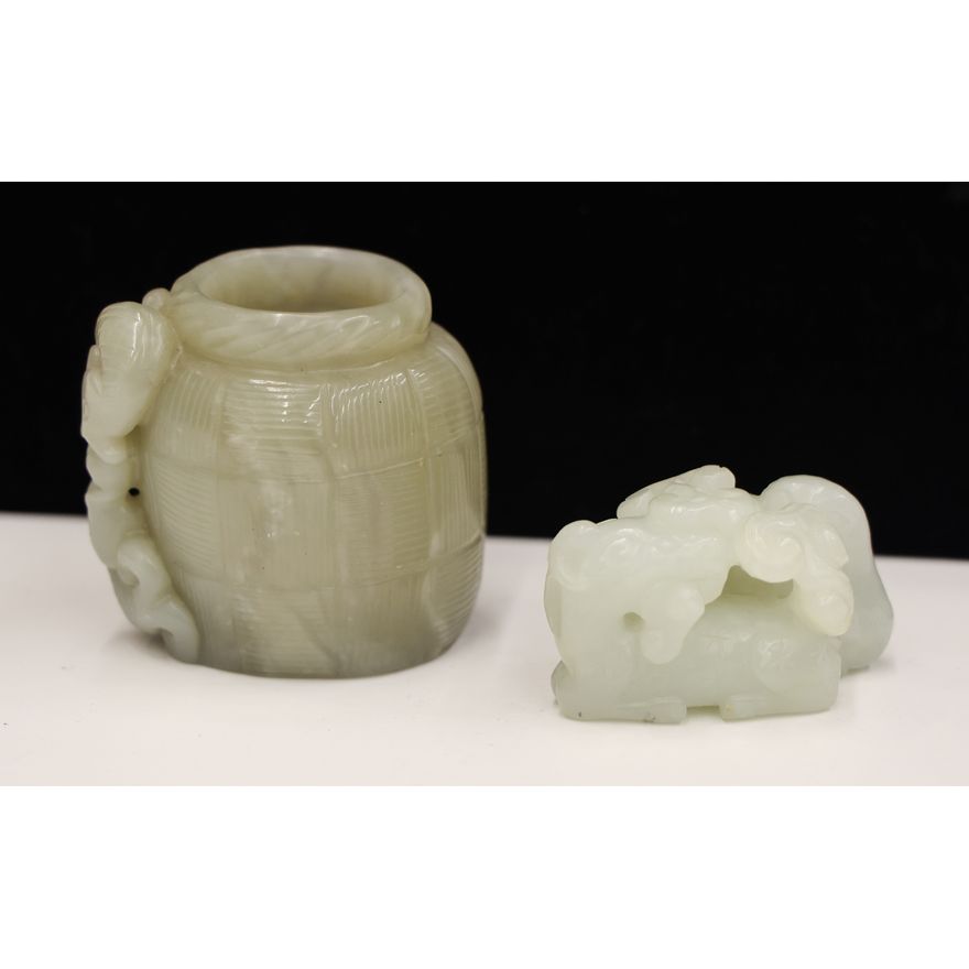 2pc Chinese Jade Brush Pot and Deer with Duck