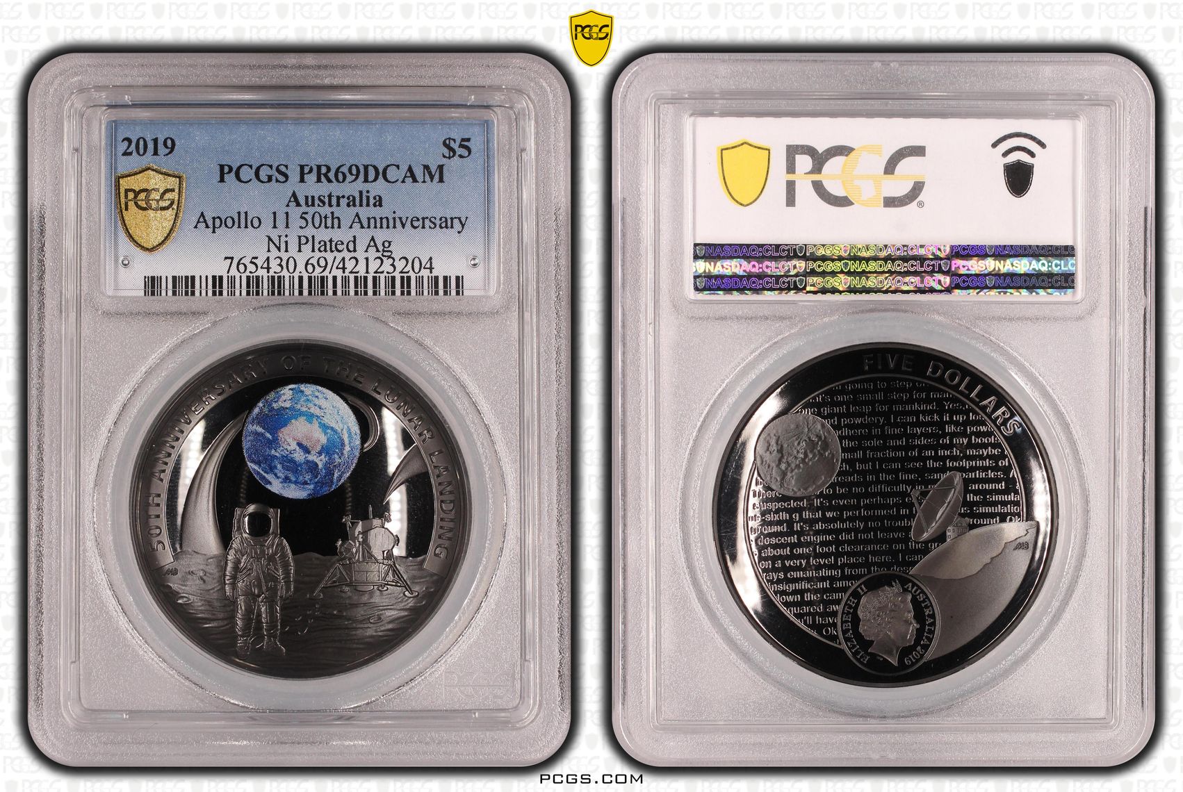 Apollo 11 50th Ann., Five Dollar, 2019, PCGS PR69DCAM