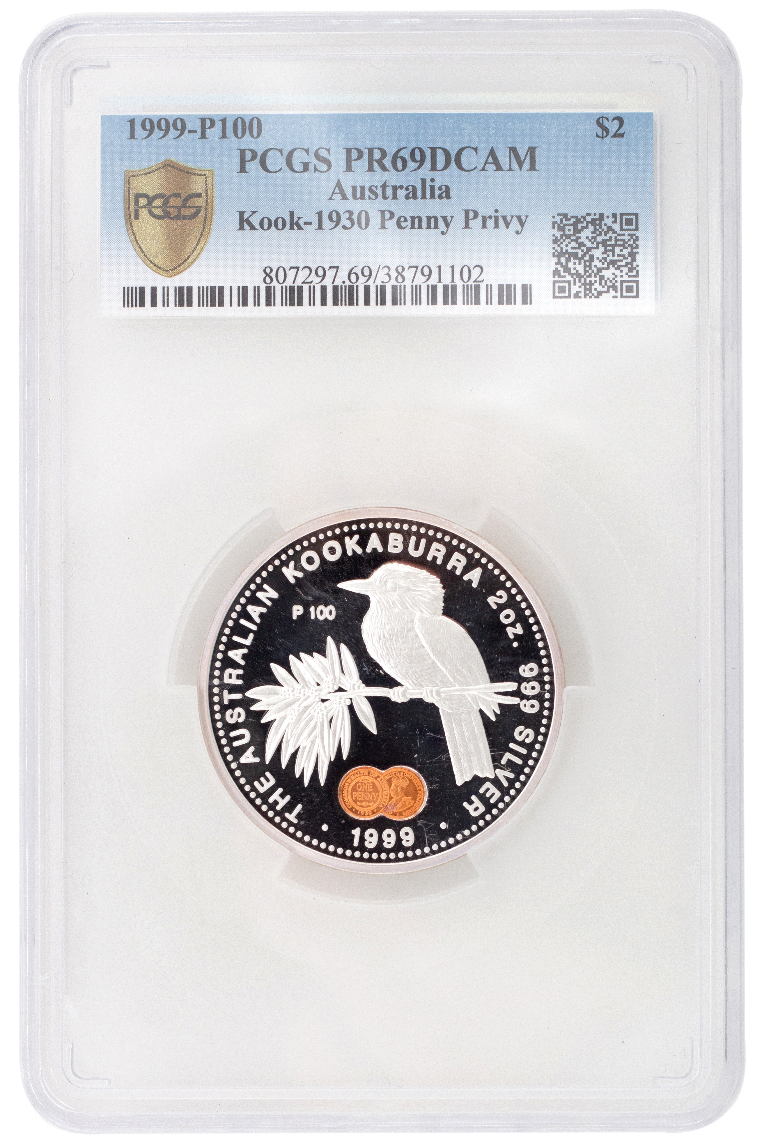 Elizabeth II, 2oz Kookaburra, Two Dollars, 1999, PCGS PR 69DCAM