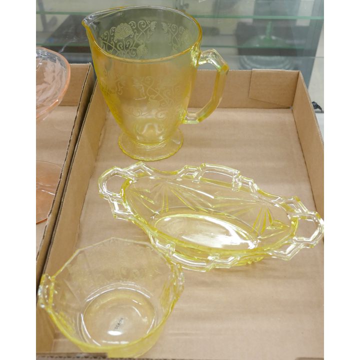 Box 3pc Yellow Floral Etched Glass Pitcher etc.