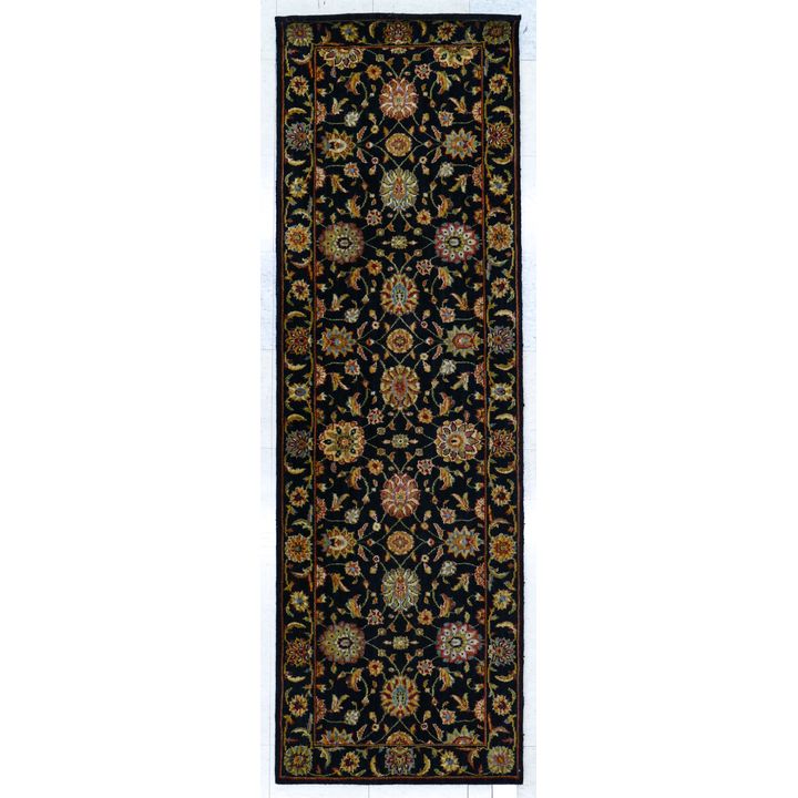 Black Floral Runner Rug 8' x 2'6'' Approx.