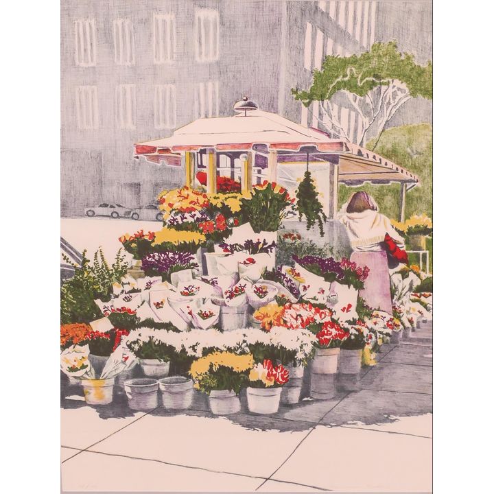 Genevieve Reckling (b.1930) ''Flower Stand'' S/N Lithograph. Edition 65/100. Framed Measurements 39x30''