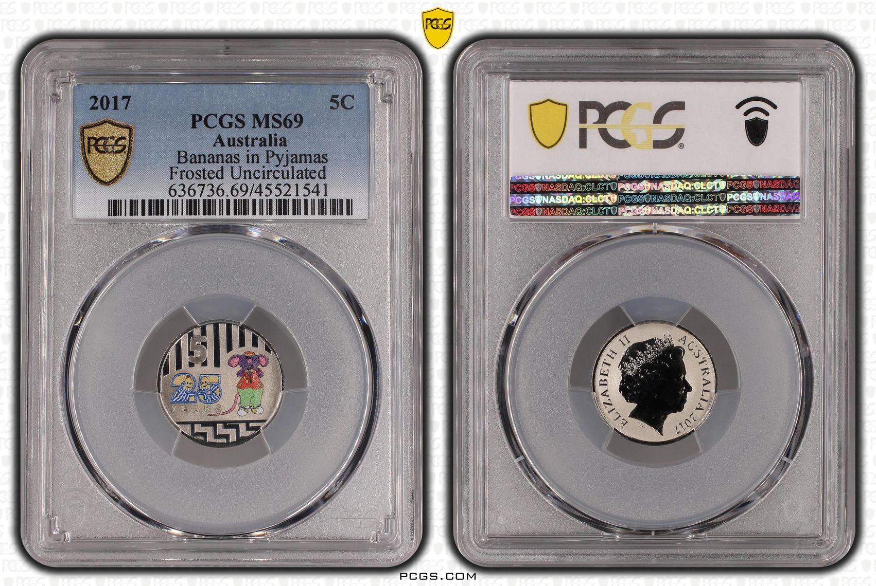 Bananas in Pyjamas Frosted Uncirculated , Five Cent, 2017, PCGS MS69
