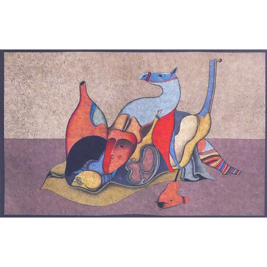 Mikhail Chemiakin (b.1943, Russia) 'Nature morte avec cheval' S/N Color Lithograph. 1975. Edition 74/75. Image measures 16x25''