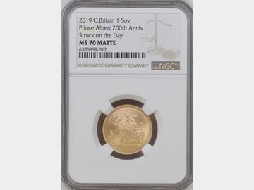 2019 ELIZABETH II STRUCK ON THE DAY PRINCE ALBERT GOLD SOVEREIGN MS70 MATTE TOP POP!