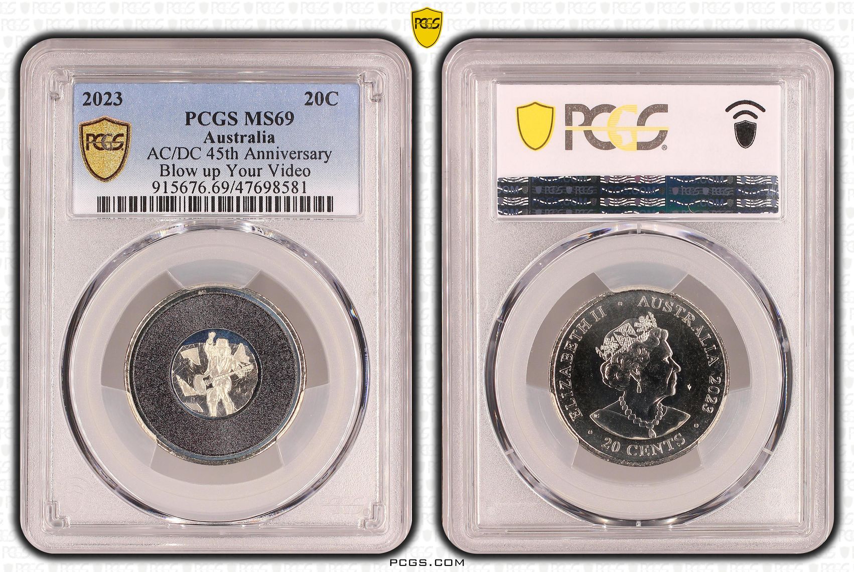 Elizabeth II, AC/DC 45th Anniversary - Blow up Your Video, Twenty Cent, 2023, PCGS MS69