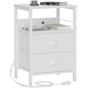 FUROLOGEE END TABLE WITH CHARGING STATION, NIGHTSTAND WITH FABRIC DRAWERS, SIDE TABLES WITH USB PORTS & OUTLETS, NIGHT STAND WITH