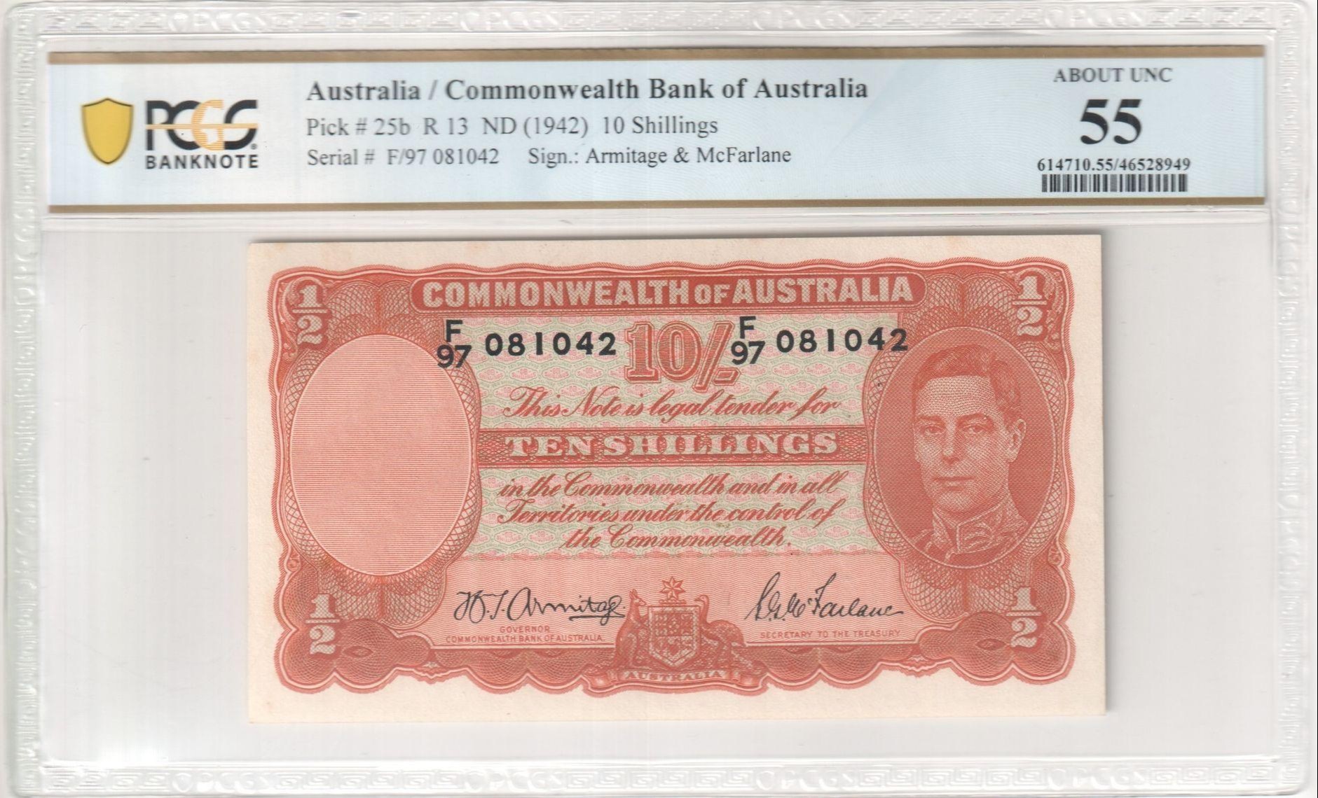 83 · Commonwealth Bank of Australia, Sign.: Armitage & McFarlane, 10 Shillings, ND (1942), PCGS - About UNC 55