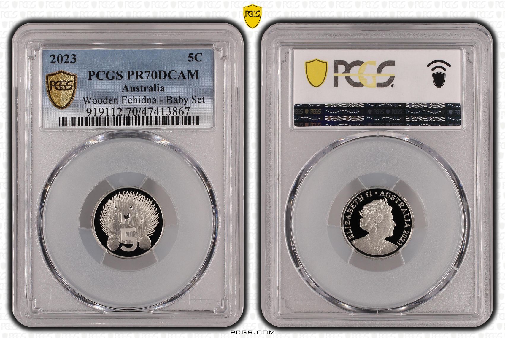 Elizabeth II, Wooden Echidna - Baby Set, Five Cent, 2023, PCGS PR70DCAM
