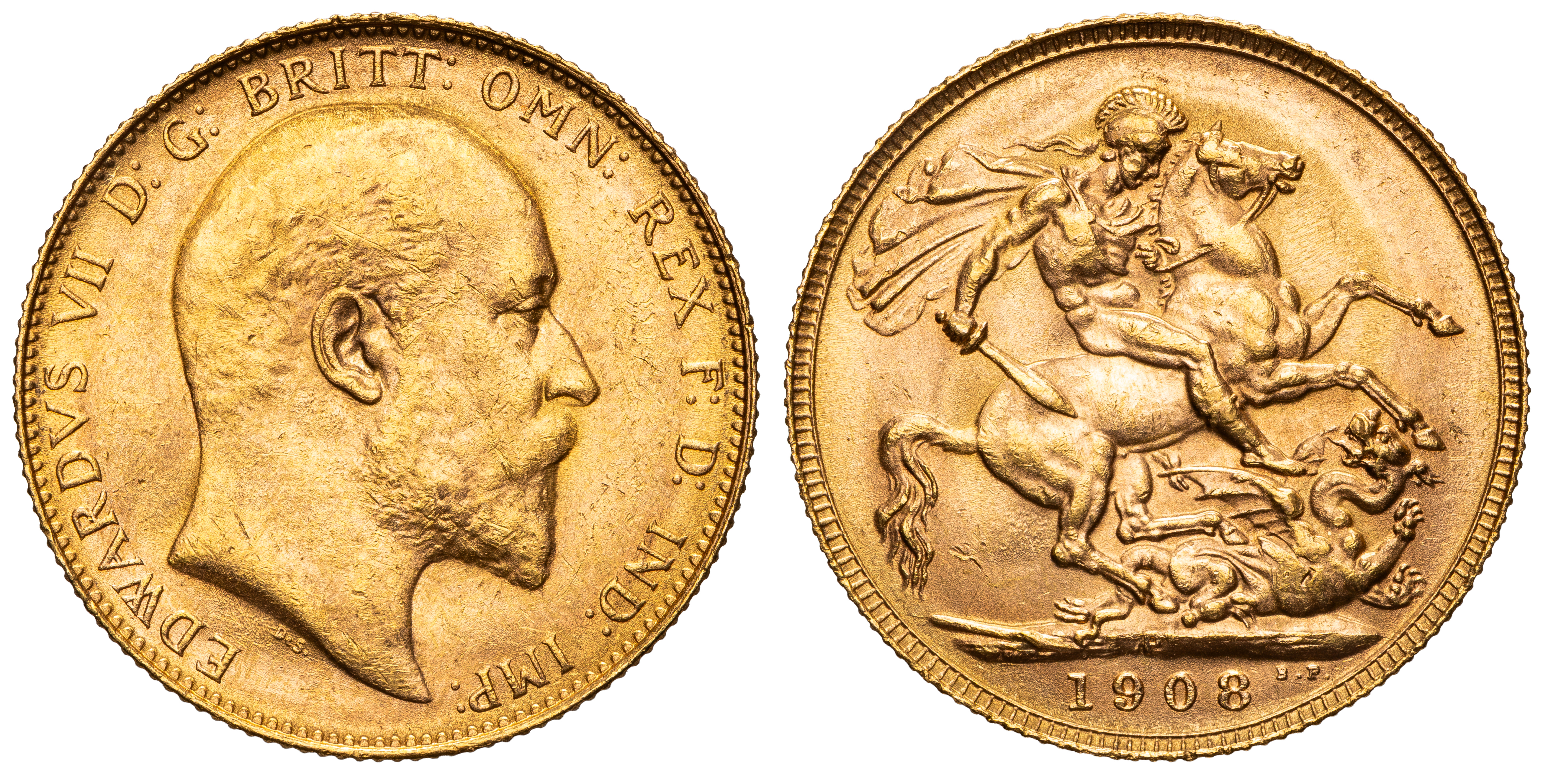 69 · Edward VII, St George Reverse, Sovereign, 1908-P,  gEF
