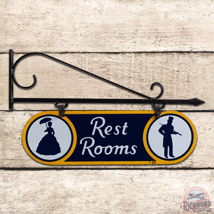 Fantastic Sunoco Service Station Rest Rooms Double Sided Porcelain Sign w/ Factory Bracket
