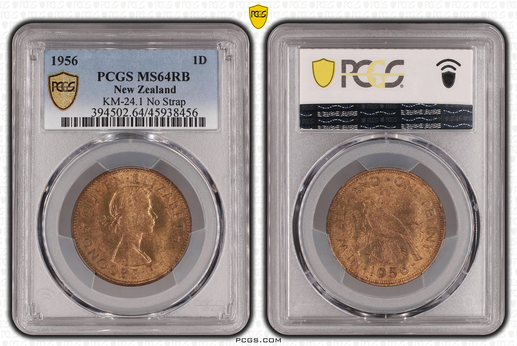 1956 New Zealand Penny KM-24.1 No Strap PCGS - MS64RB -456