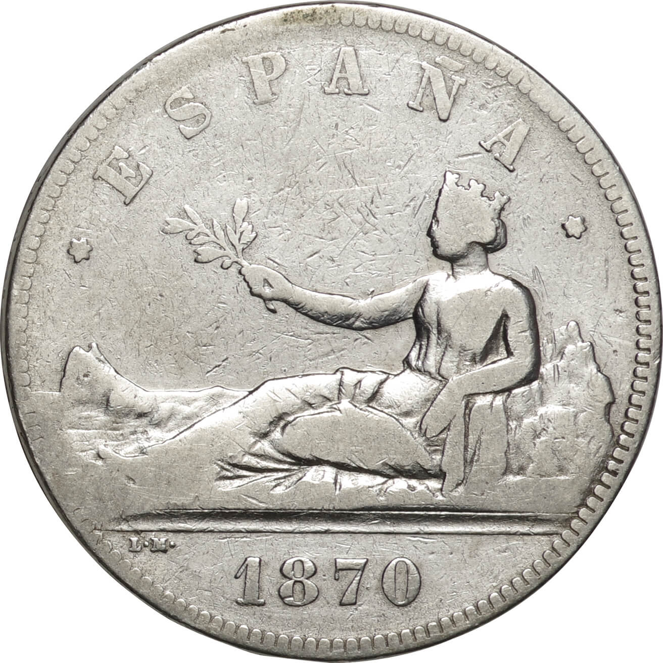 スペイン-Spain. 1870. Silver. 5ペセタ. 稍劣. G. 女神座像 5ペセタ