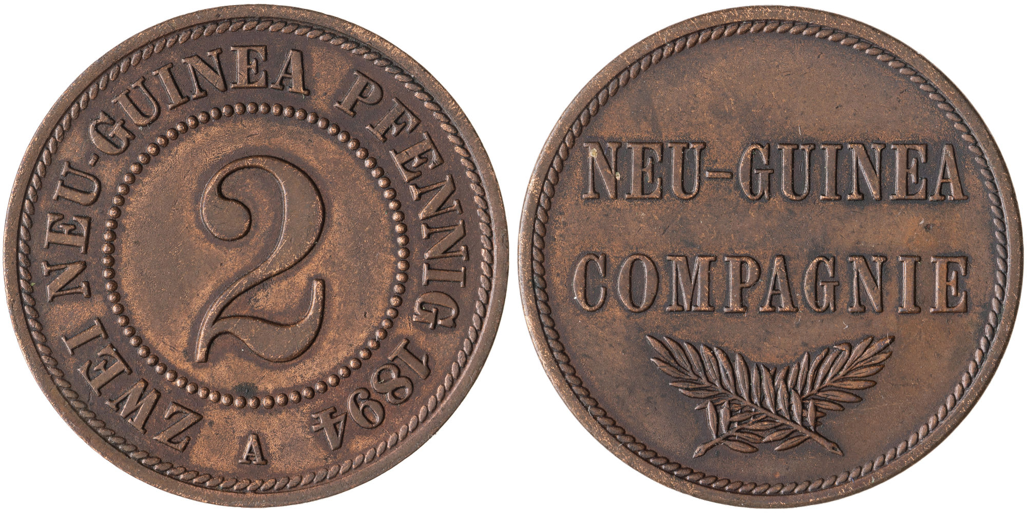 German New Guinea, Two Pfennig, 1894-A, EF