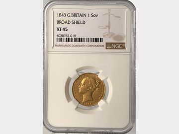 1843 VICTORIA YOUNG HEAD BROAD SHIELD GOLD SOVEREIGN XF45