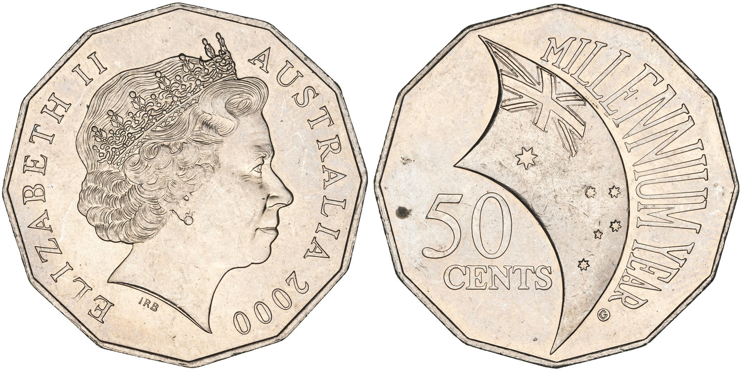 Elizabeth II, Incuse Flag Variety, Fifty Cents, 2000, aUNC
