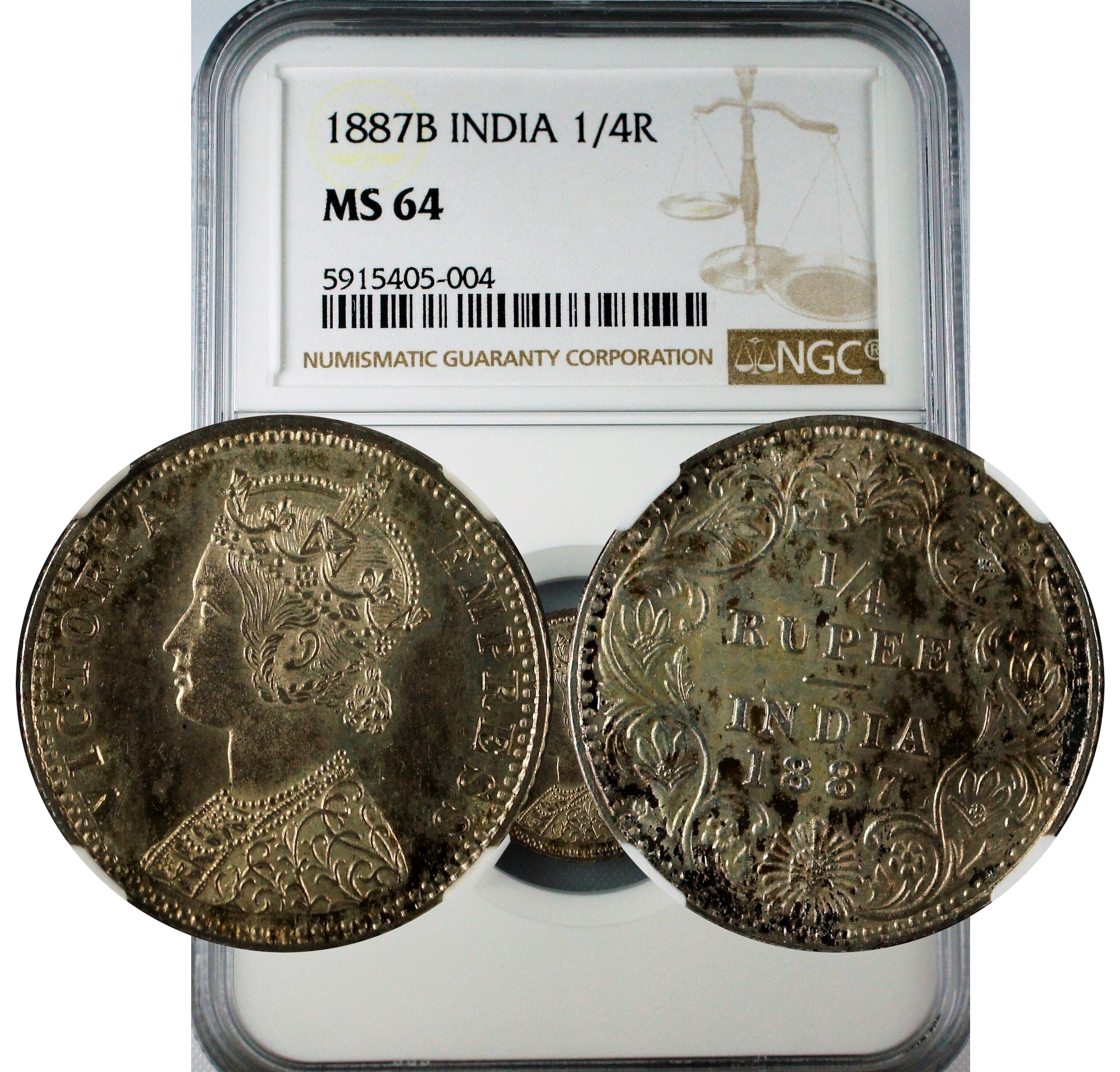 India 1887 B 1/4 Rupee NGC MS64