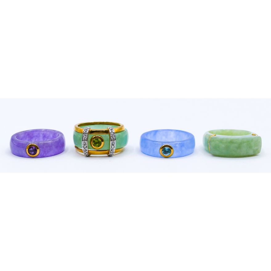 4pc Chinese 14k Jade and Stone Ring Suite Size 6