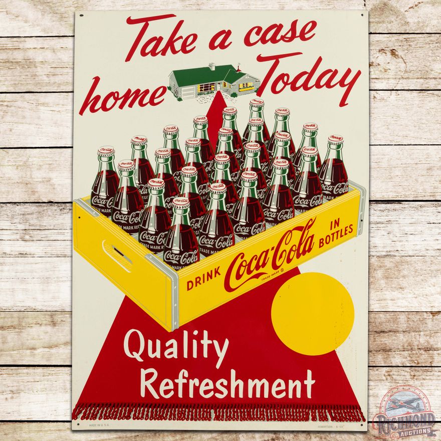1959 Coca Cola "Take a Case Home Today" SS Tin Sign w/ Bottles