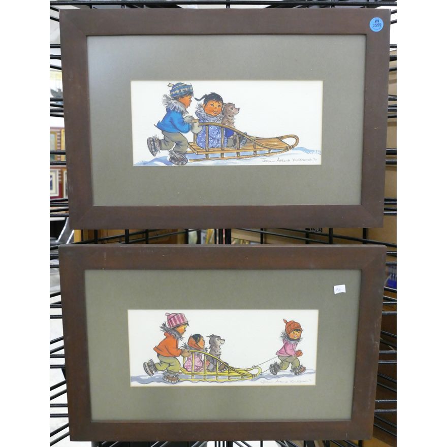 2pc Joan Arend Kickbush ''Eskimo Children on Sled'' Watercolors
