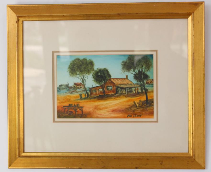 9 · Pro Hart, "The Station Homestead",  oil on board, 19 x 29.3cm