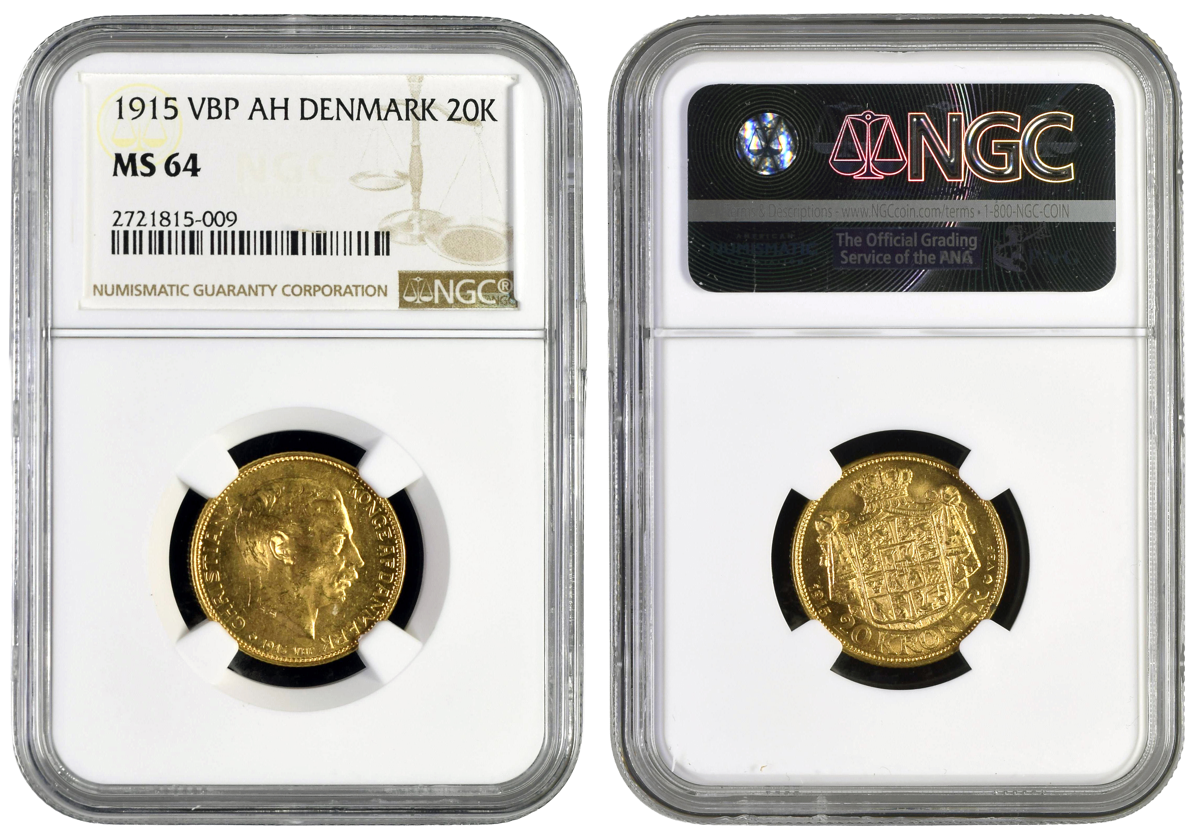 Denmark, Christian X, Twenty Kroner, 1915-VPB, NGC MS64