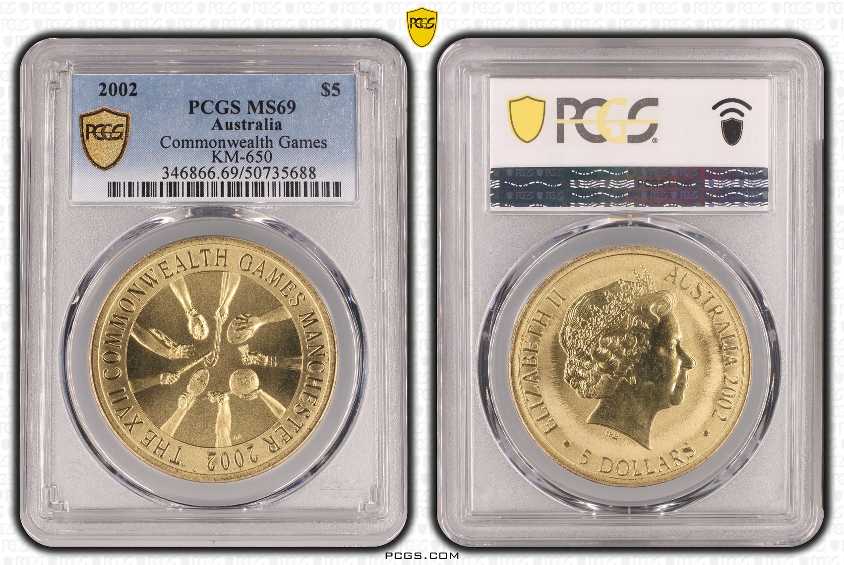 Commonwealth Games KM-650 POP 2/0, Five Dollar, 2002, PCGS MS69