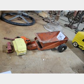 Vintage metal scraper, toy trucks and trailer frame and plastic camper