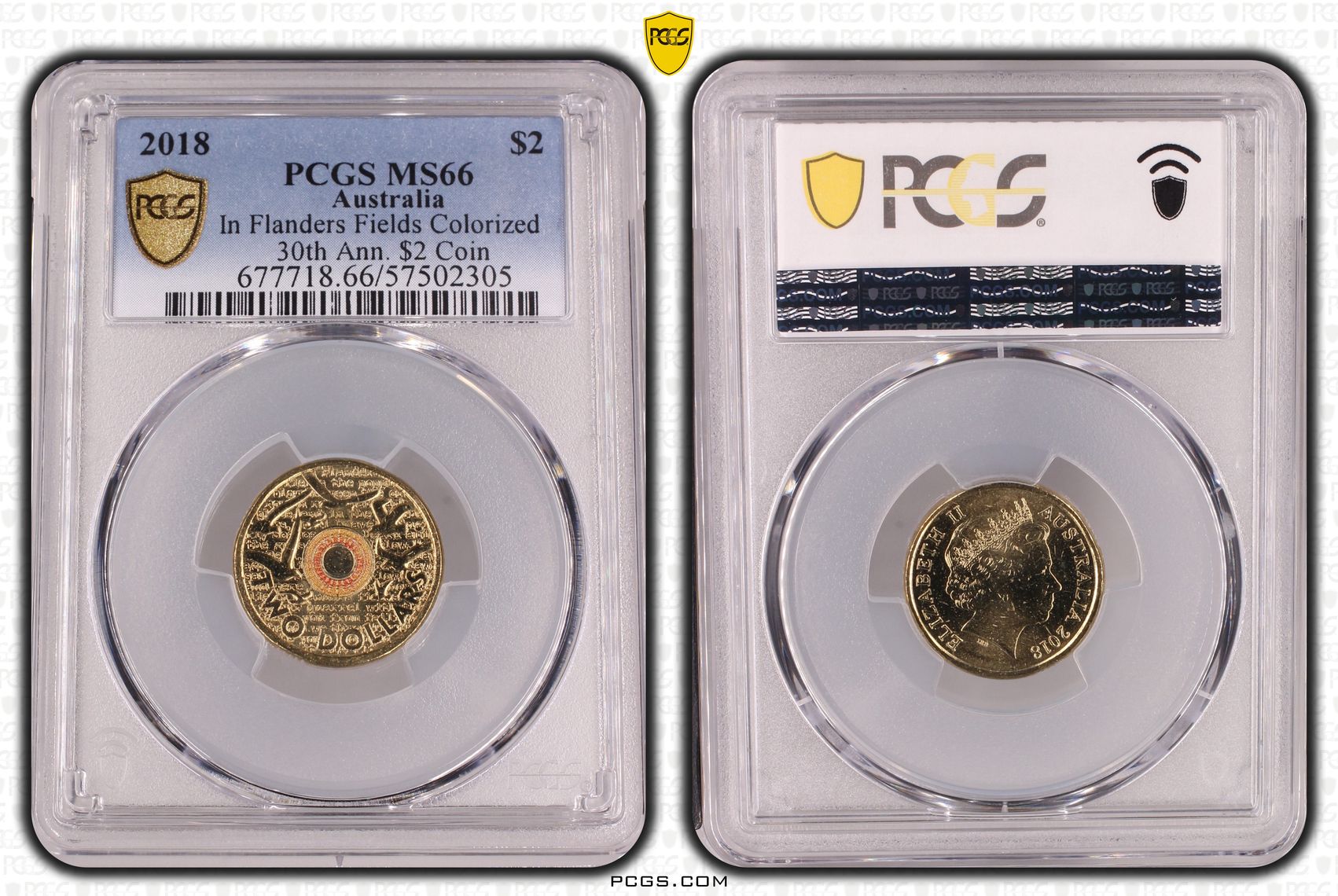 In Flanders Fields Colourised 30th Ann. $2 Coin, Two Dollar, 2018, PCGS MS66