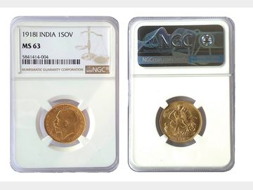 1918 GEORGE V INDIA MINT GOLD SOVEREIGN NGC MS63