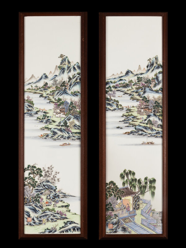 A Pair of Chinese Famille Rose 'Landscape' Porcelain Panels, Republic Period 
民國 粉彩山水圖瓷挂屏一對