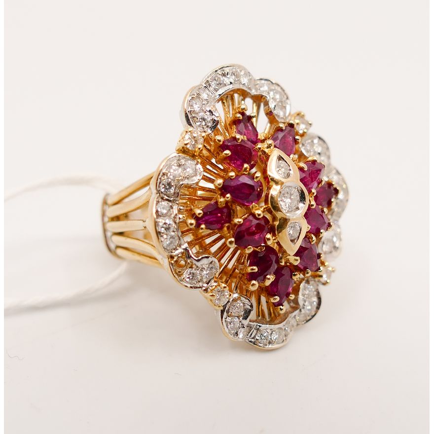 14K Diamond & Ruby Cluster Ring- Size 5- 10g