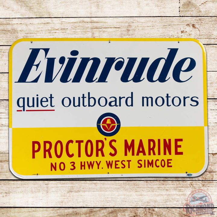 1957 Evinrude Quiet Outboard Motors "Proctor's Marine" Emb. Single Sided Tin Sign w/ Logo