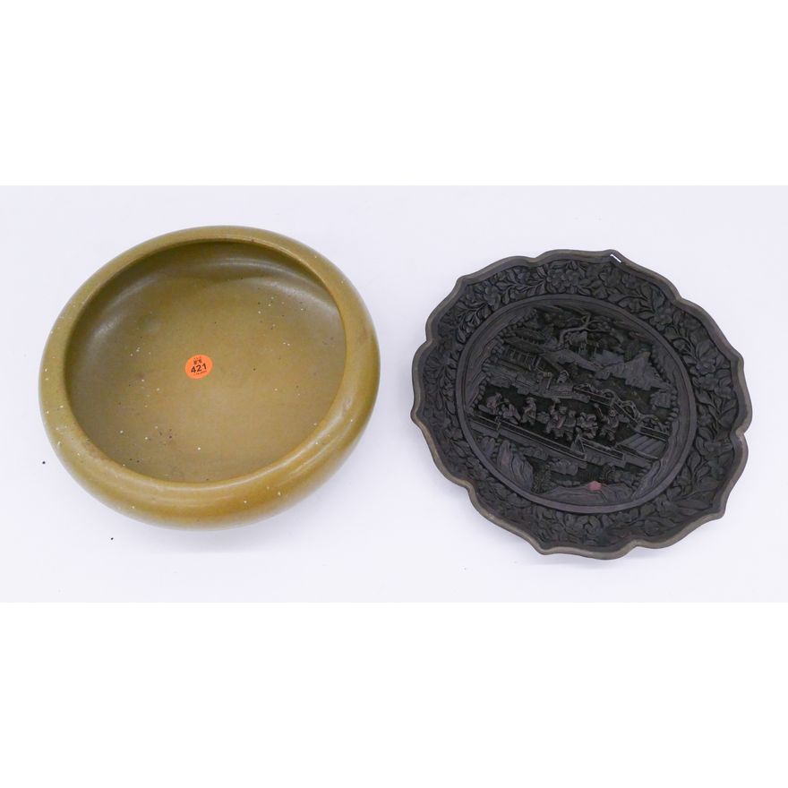 2pc Old Chinese Cinnabar Tray & Teadust Bowl- 9''