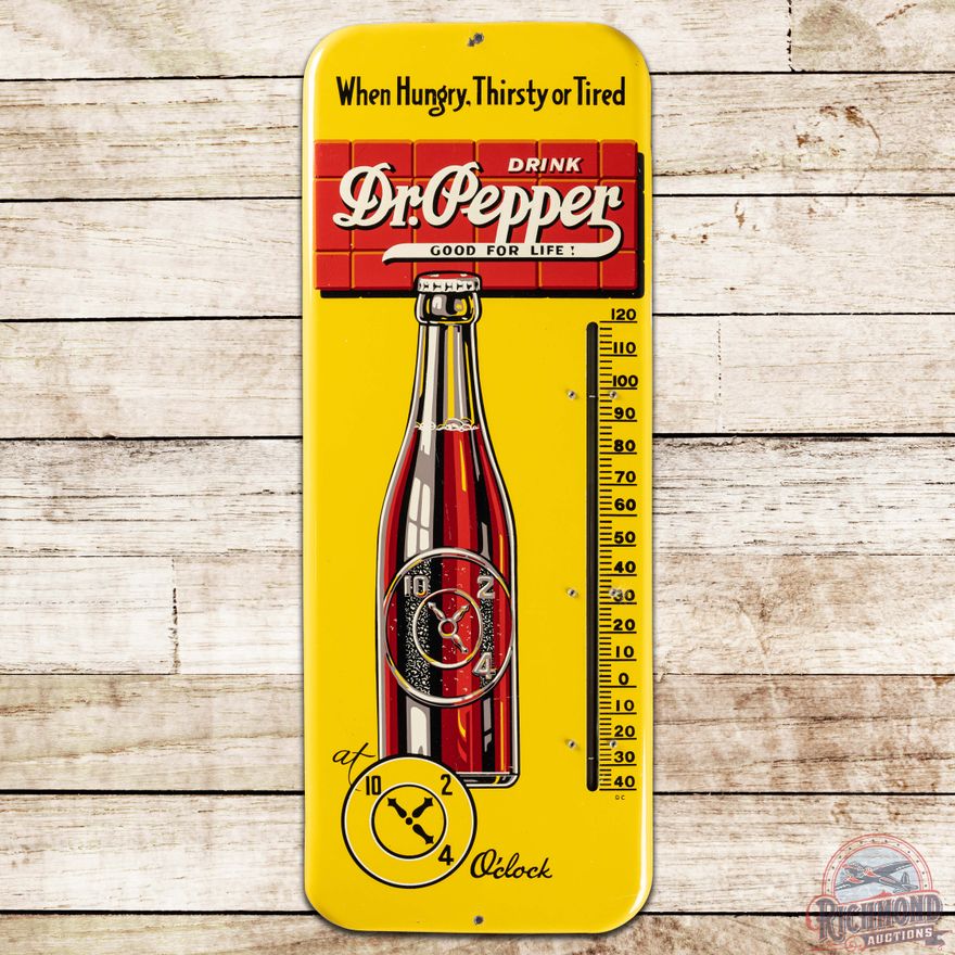 Drink Dr. Pepper at 10-2-4 O'clock SS Tin Thermometer Sign w/ Bottle