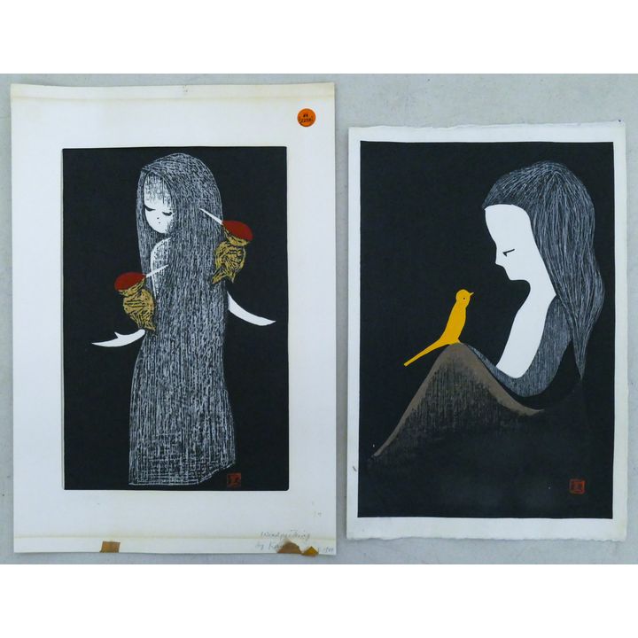 2pc Kaoru Kawano Japanese Girl with Birds Woodblock Prints