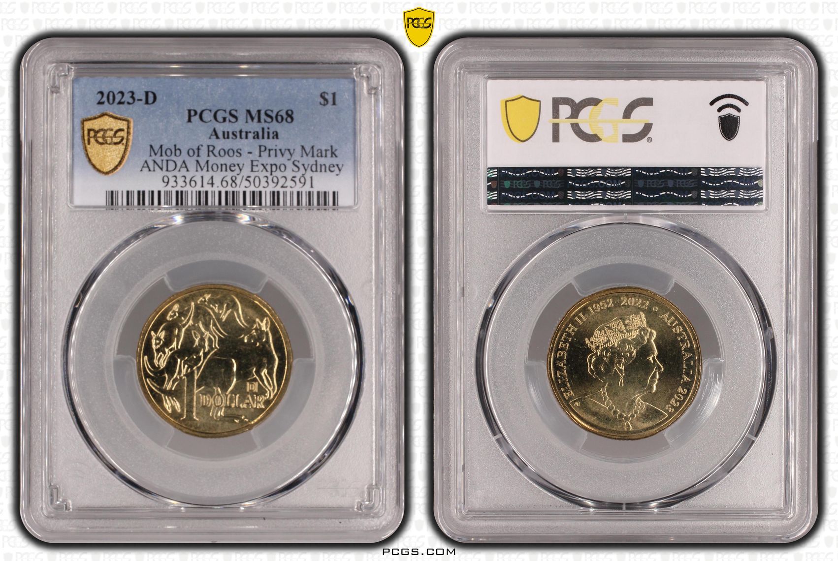 335 · Mob of Roos - Privy Mark - ANDA Money Expo Sydney , One Dollar, 2023-D, PCGS MS68