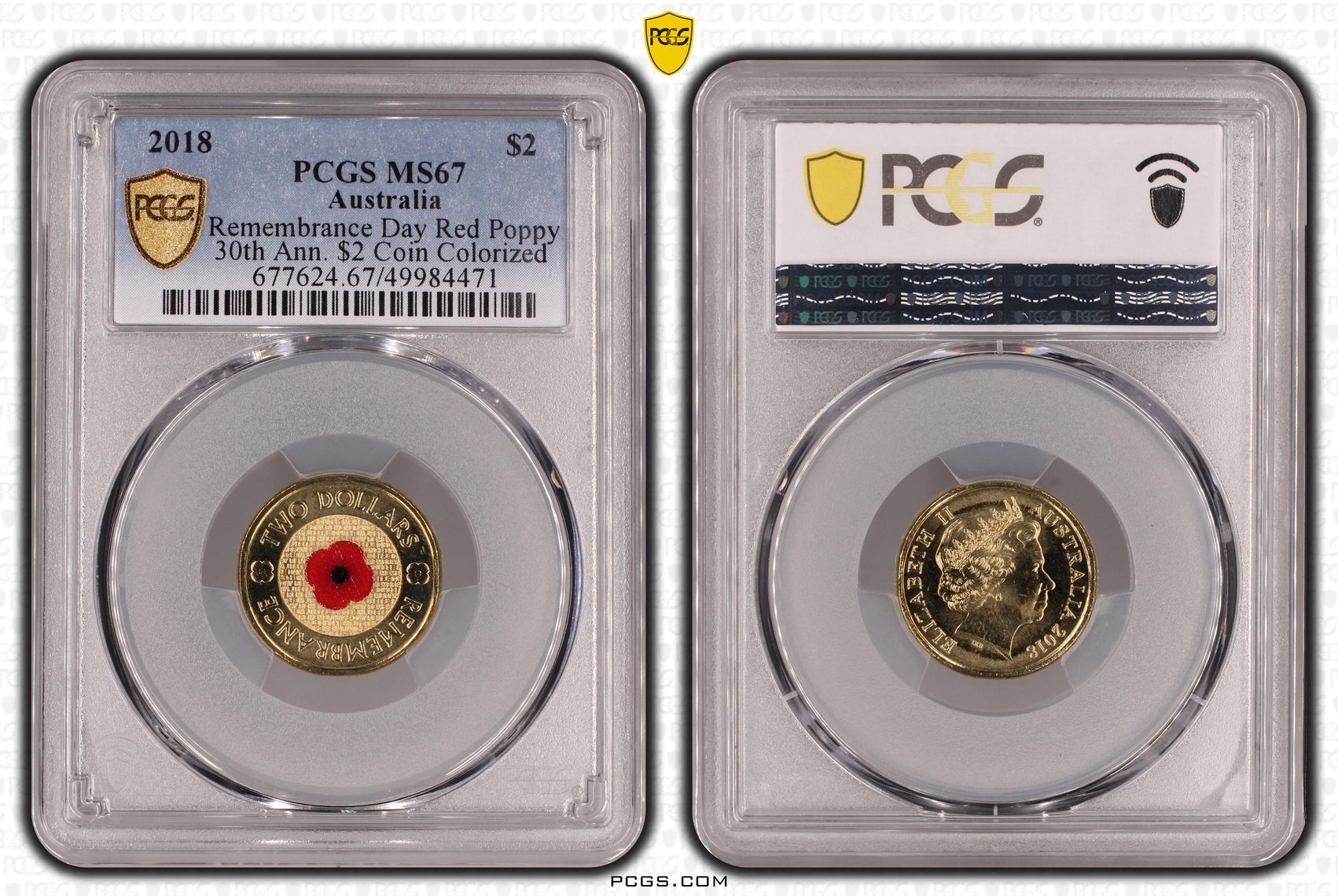 Remembrance Day Red Poppy 30th Ann. $2 Coin Colorized , Two Dollar, 2018, PCGS MS67