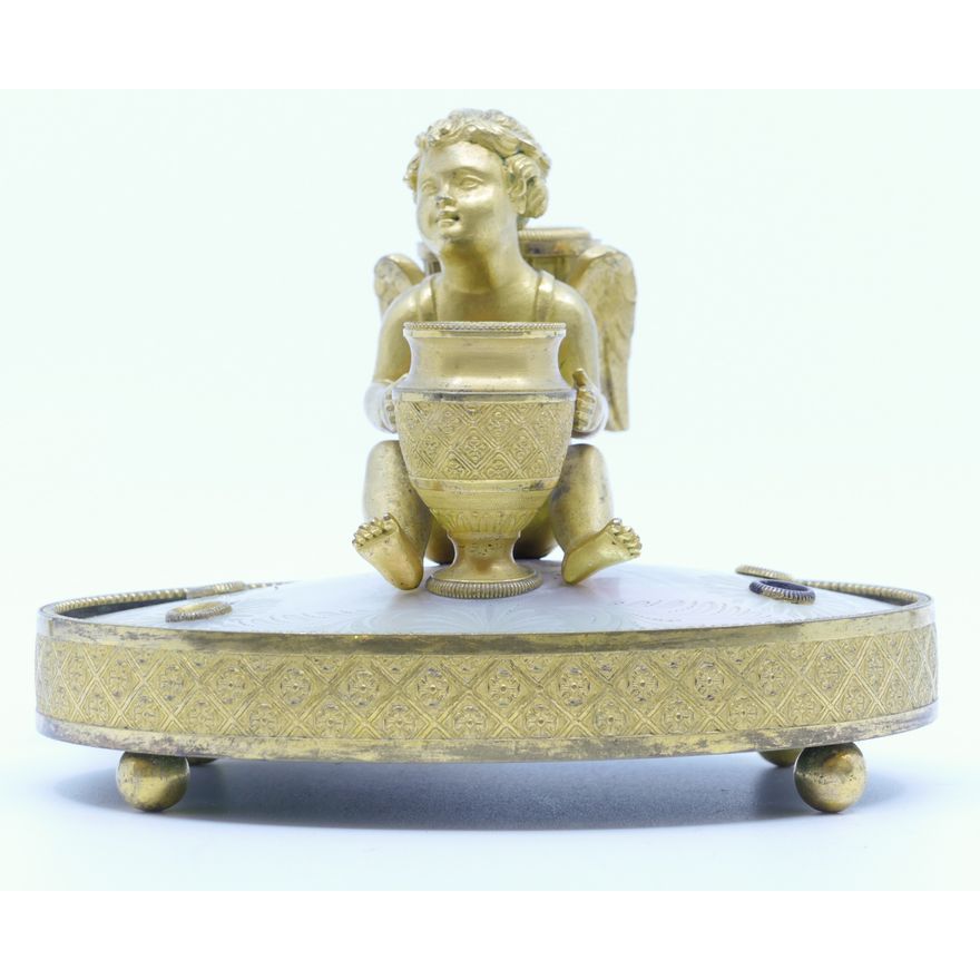 Antique French Putto Figural Gilt MOP Inkwell 5.5''