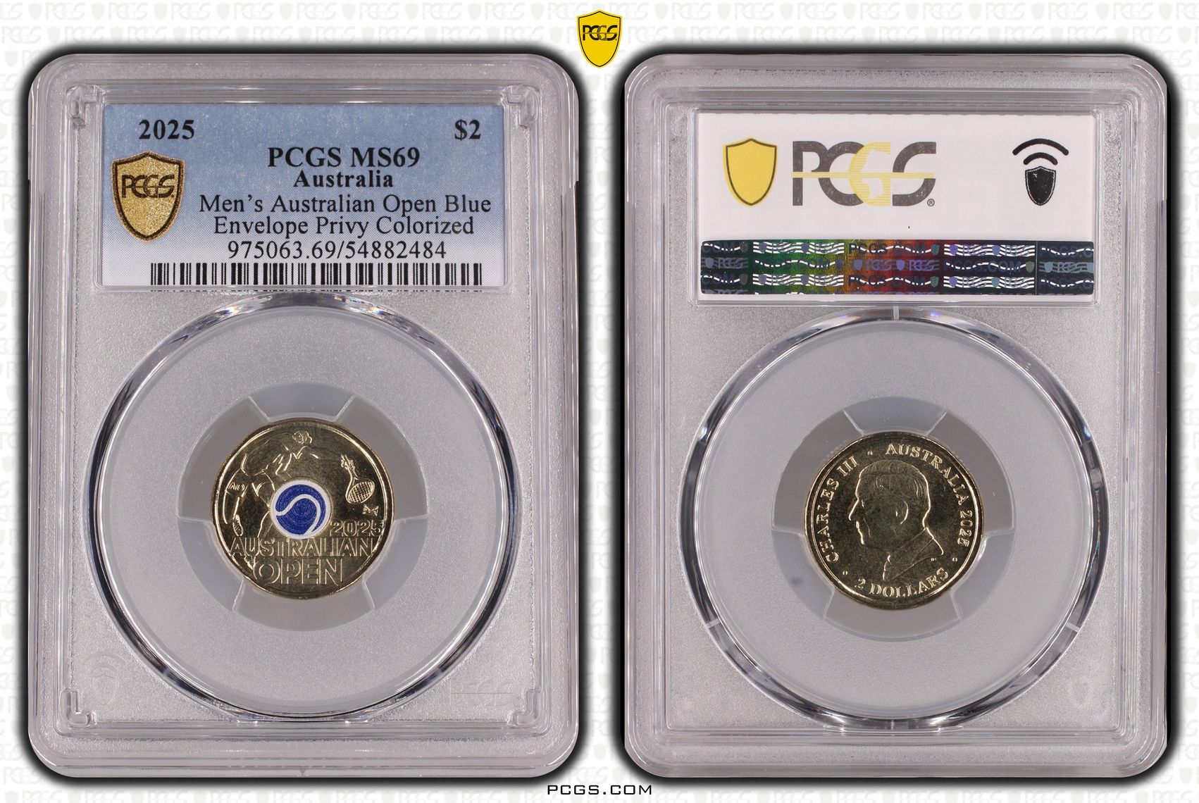 Mens Australian Open Blue Envelope Privy Colorized, Two Dollar, 2025, PCGS MS69