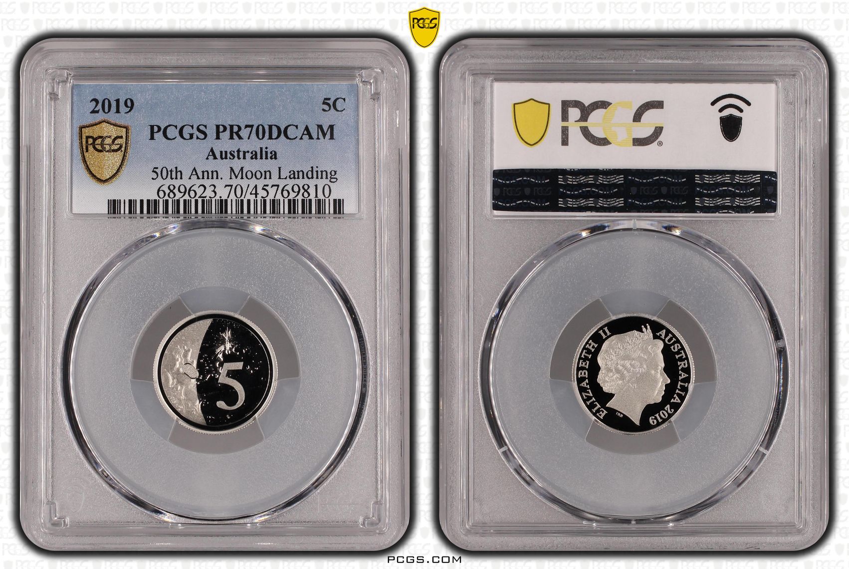 Elizabeth II, 50th Ann. Moon Landing, Five Cent, 2019, PCGS PR70DCAM