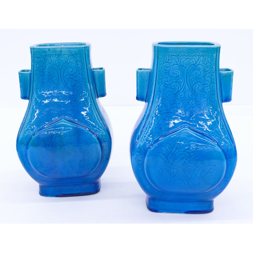 Pair Chinese Republic Peacock Blue Hu Vases