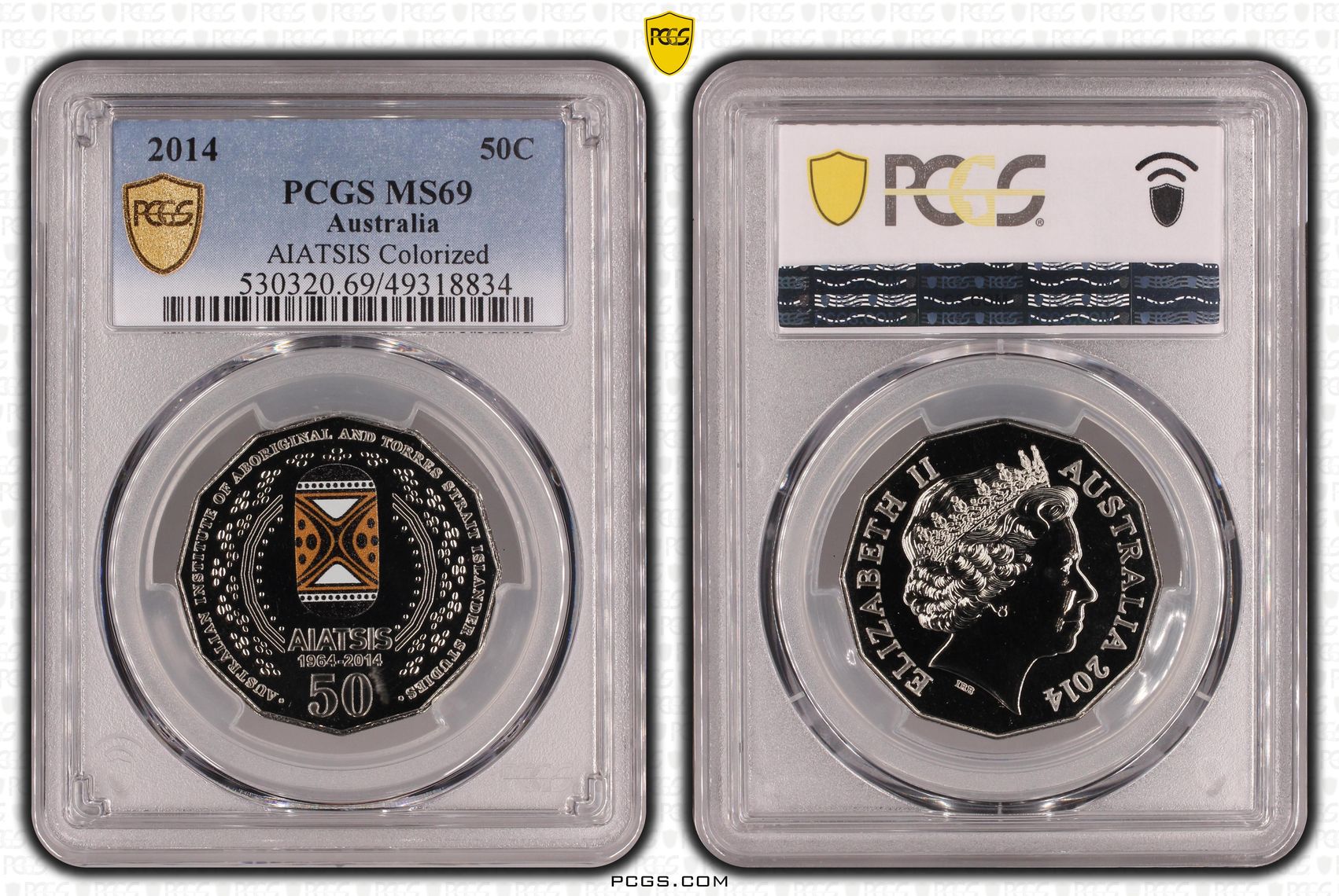 AIATSIS Colourised, Fifty Cent, 2014, PCGS MS69