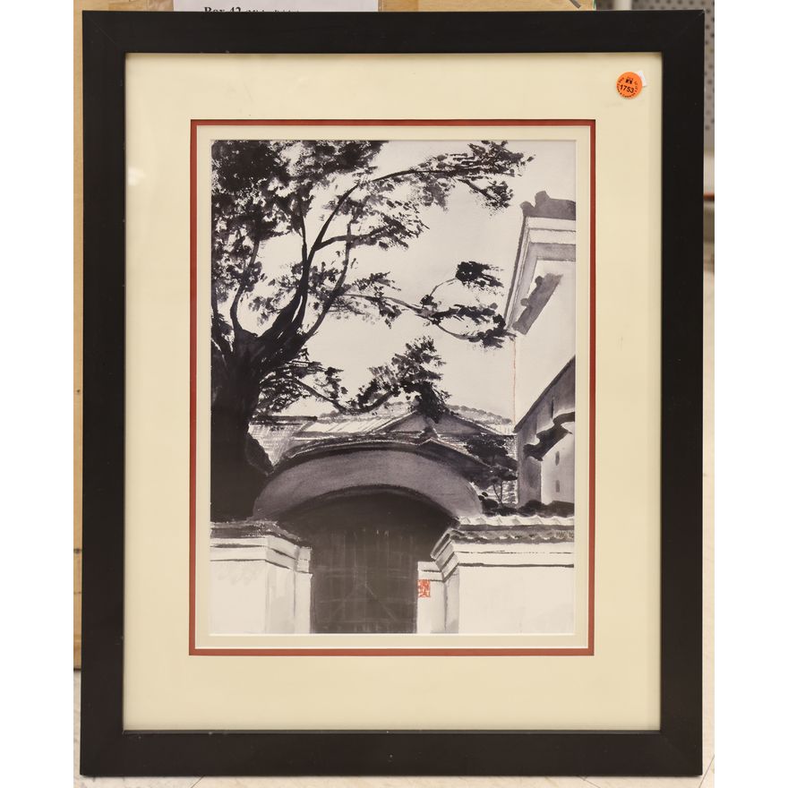 Japanese Temple B&W Watercolor Framed 22''x18''