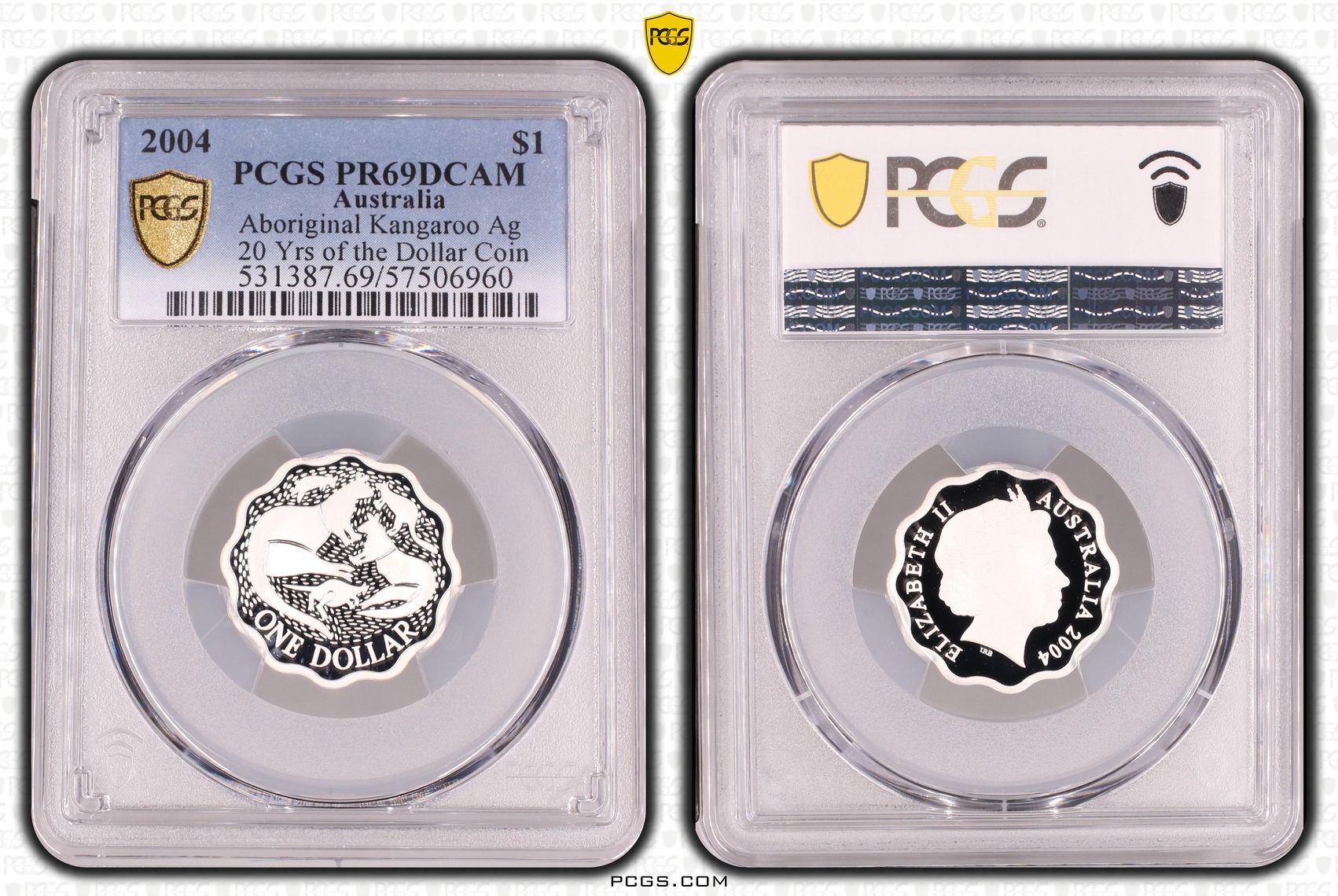 Aboriginal Kangaroo Silver 20 Yrs of the Dollar Coin, One Dollar, 2004, PCGS PR69DCAM